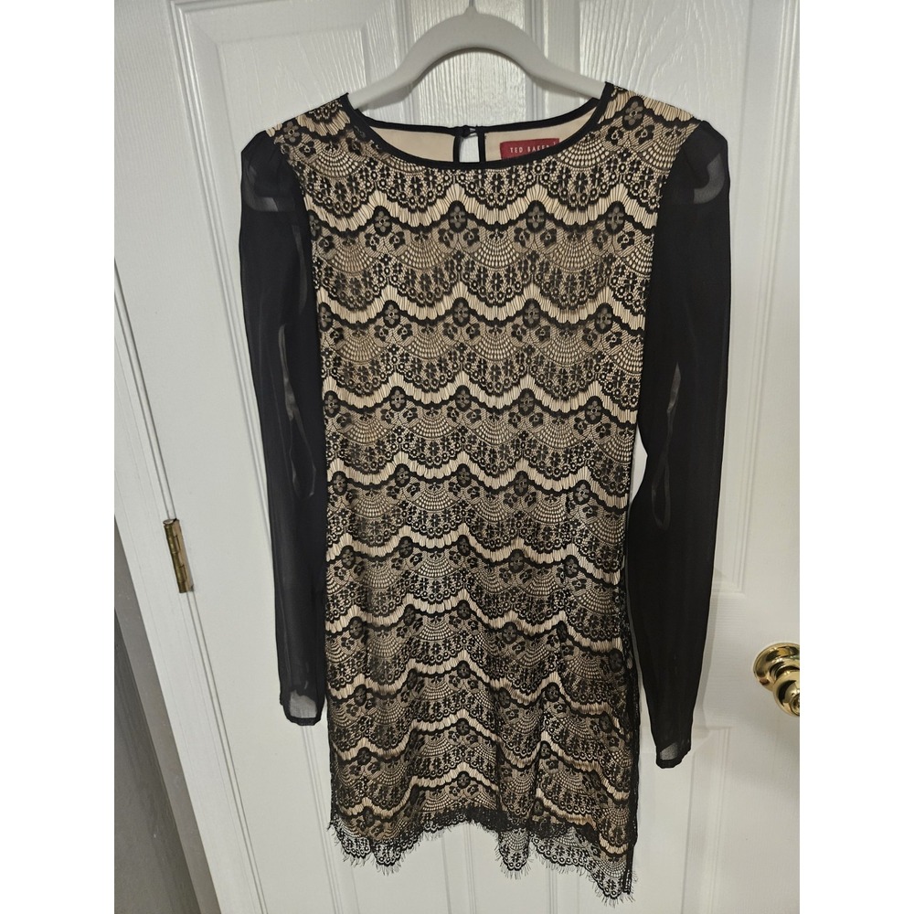 Ted Baker Malita Black Nude Lace Long Sleeve Sheer Cocktail Dress Size 1